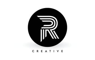 r brief logo ontwerp op een zwarte cirkel. creatieve witte lijnen een letter logo pictogram vector