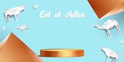 eid al adha islamitische decoratie podium achtergrond weergeven met geit, kameel, koe, maan en ster. product showcase voor ramadan kareem, mawlid, eid al fitr, muharram vector