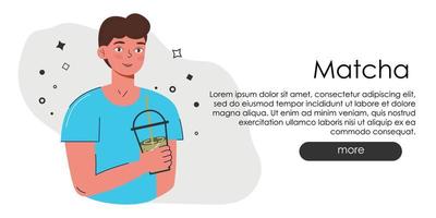 schattige websitepagina met matcha. hand tekenen groen drankje website idee. Japanse theecultuur. matcha latte is een gezonde hoofdpagina van een coffeeshop in groenachtige kleuren. vector