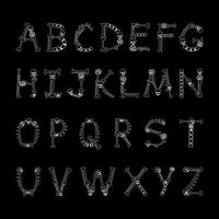 botten alfabet. botten lettertype. schedel, wervelkolom, kaak en bekken. hels eng alfabet. hand getekend platte vectorillustratie. vector