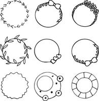 frames ronde set schets hand getrokken doodle. verzameling randelementen voor ontwerp, zwart-wit, minimalisme, harten, bloemen, bladeren, pijlen, bogen vector