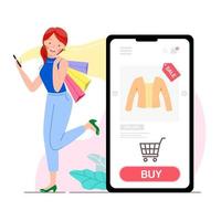 online winkelen op mobiele app. gelukkig meisje met behulp van telefoon kopen in de uitverkoop doek of shirt voor vrouw. shopper winkel op smartphone. speciale aanbieding, korting, kledingwinkelconcept. platte vectorillustratie. vector