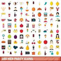 100 vrijgezellenfeest iconen set, vlakke stijl vector