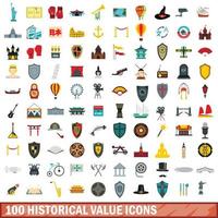 100 historische waarde iconen set, vlakke stijl vector