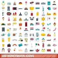 100 huwelijksreis iconen set, vlakke stijl vector