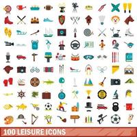 100 vrije tijd iconen set, vlakke stijl vector