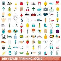 100 gezondheidstraining iconen set, vlakke stijl vector