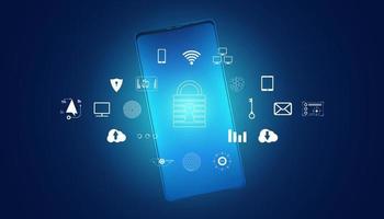 abstracte cyberbeveiliging met telefoon- en pictogrammenconcept en internetbeveiligingssystemen die verschillende apparaten importeren of verlaten.