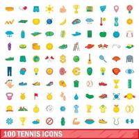 100 tennis iconen set, cartoon stijl vector