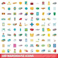 100 magazijn iconen set, cartoon stijl vector