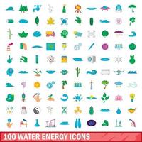 100 water energie iconen set, cartoon stijl vector