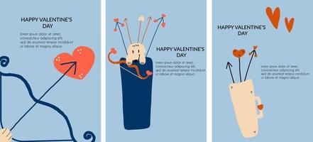 set van verticale kaarten, banners met hond, pijlen, harten voor Valentijnsdag. vector vakantie illustratie van hand tekenstijl.