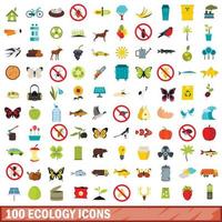 100 ecologie iconen set, vlakke stijl vector