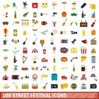 100 straat festival iconen set, vlakke stijl vector