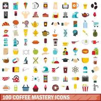 100 koffie meesterschap iconen set, vlakke stijl vector