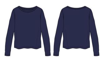 relax fit lange mouw t-shirt technische mode platte schets vector illustratie marine kleur sjabloon voor dames