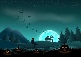halloween nacht landschap achtergrond op papier kunststijl vector