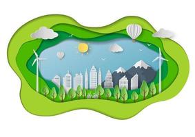 bespaar natuur- en milieubehoudconcept met groene ecostad, papierkunstlandschap in een dieptelaagachtergrond vector