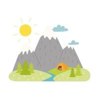 bergen, rivier, sparren en een tent aan de horizon. eenvoudig zomerlandschap. openluchtrecreatie, wandelen, kamperen, toerisme. platte cartoon vectorillustratie geïsoleerd op een witte achtergrond. vector