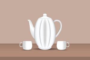 de theepot en het ontwerp met twee kopjes, op een bruine achtergrondtafel met traditionele tinten, kunnen worden gebruikt voor uw theeontwerpbehoeften. vector