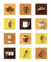 illustratie 0f moderne platte koffie pictogrammen instellen met lange schaduweffect. vector