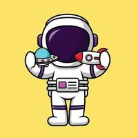 schattige astronaut spelen ufo en raket speelgoed cartoon vector pictogram illustratie. wetenschap technologie pictogram concept geïsoleerde premium vector.