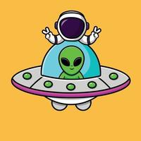 schattige alien en astronaut op ufo ruimteschip cartoon vector pictogram illustratie. wetenschap technologie pictogram concept geïsoleerde premium vector.