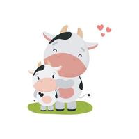 schattige koe met baby. cartoon-stijl. vectorillustratie. voor kinderspullen, kaarten, posters, spandoeken, kinderboeken, bedrukking op de verpakking, bedrukking op kleding, stof, behang, textiel of servies. vector