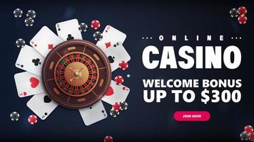 online casino, blauwe banner met aanbieding, casino roulette, pokerfiches en speelkaarten vector