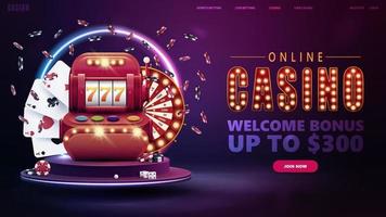 online casino, welkomstbonus, banner voor website met knop, gokautomaat, casinowielfortuin, pokerfiches en speelkaarten op podium met rond neonframe vector