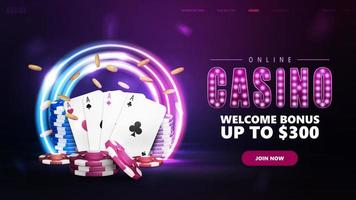 online casino, paarse banner met aanbieding, met speelkaarten en vallende fiches in tunnel van neonroze en blauwe ronde frames in donkere scène vector