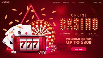 online casino, rode uitnodigingsbanner voor website met knop, smartphone met gokautomaat op scherm, casinowielfortuin, pokerfiches en speelkaarten. vector