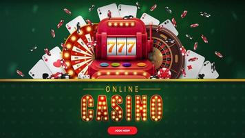 online casino, groene banner met knop, gokautomaat, casinoradfortuin, roulette, vallende pokerfiches en speelkaarten. vector