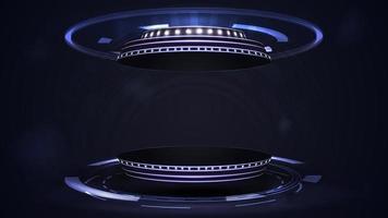 blauw digitaal podium met hologram van digitale ringen in donkere kamer vector