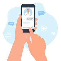 online arts consultatie. smartphone scherm met mannelijke therapeut. telegeneeskunde concept. chat met een medische worker.hand met smartphone. platte vectorillustratie vector