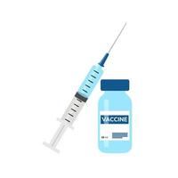 medische wegwerpspuit met een naald en een flesje vaccin. Tijd om te vaccineren. Geïsoleerde vectorillustratievaccinatie tegen covid-19 coronavirus. vector