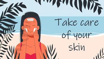 een vrouw op het strand smeert haar huid in met zonnebrandcrème. zon bescherming. vector plat