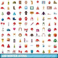 100 winter iconen set, cartoon stijl vector