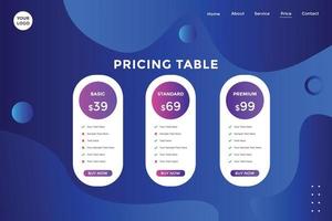 bestemmingspagina productpakketprijs voor website. prijs grafiek sjabloon. prijslijst ondernemingsplan. overgangskleur vector