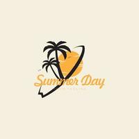 surfen met kokospalmen op het strand logo ontwerp hipster vector pictogram illustratie