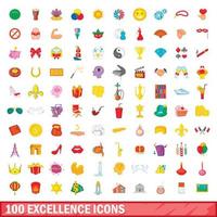 100 uitmuntendheid iconen set, cartoon stijl vector