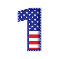 1 numeriek aantal karakter brief usa onafhankelijkheid herdenkingsdag verenigde staten van amerika karakter doopvont blauw marine rood ster strepen nationale vlag witte achtergrond 3d papier knipsel vectorillustratie vector