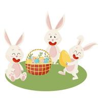 konijntjes karakter. zittend op gras en lachen grappige, vrolijke paas cartoon konijnen met eieren, mand vector