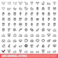 100 dieren iconen set, Kaderstijl vector