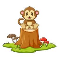 cartoon aap zittend op een boomstronk, aap mascotte stripfiguur. dier pictogram concept wit geïsoleerd. platte cartoonstijl geschikt voor webbestemmingspagina, banner, flyer, sticker, kaart vector