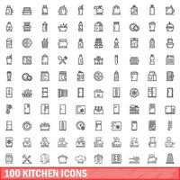 100 keuken iconen set, Kaderstijl vector