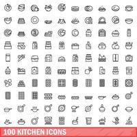 100 keuken iconen set, Kaderstijl vector