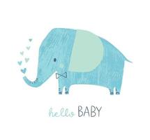 olifant baby shower kaart. schattige jongen dierlijk karakter. olifant met vlinderdas. vectorillustratie voor uitnodigingen wenskaarten, kleding. hallo schat. vector