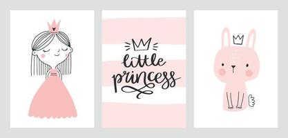 kleine prinses babykaarten, kinderkamerposters, baby showeruitnodigingen. schattige prinses, konijntje, handgetekende letters. Scandinavische vectorillustratie voor prints, kaarten, kleding. vector