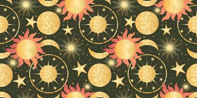 hemelse naadloze patroon met zon, maan en sterren. magische astrologie in boho vintage stijl. mystieke heidense gouden zon met planeten en maanstanden. vector illustratie